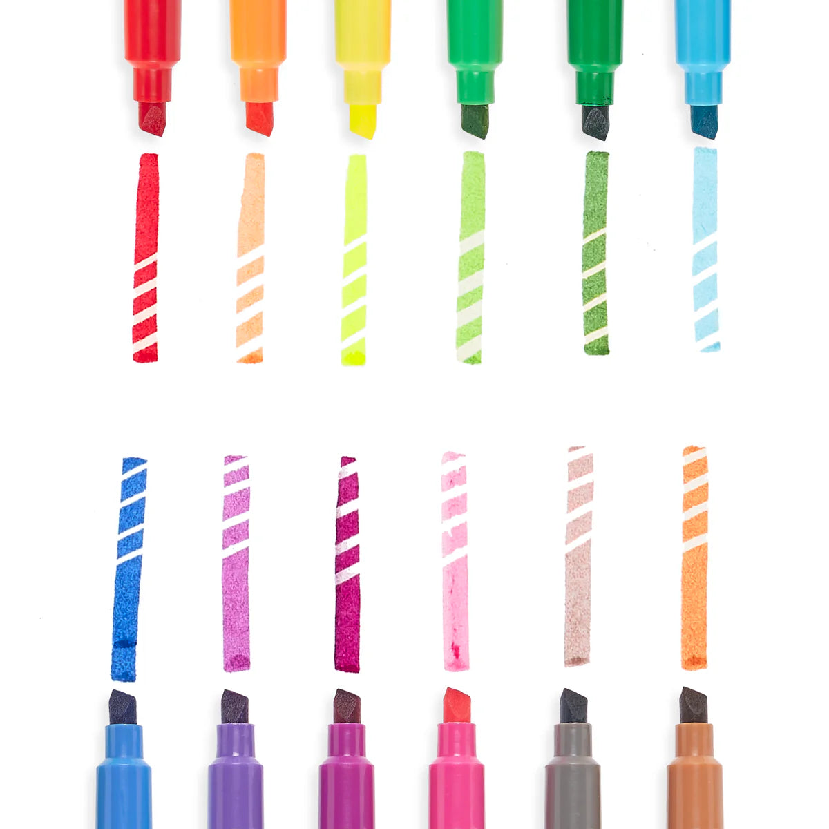Make No Mistake Erasable Markers showing 12 vibrant colors with chisel tips and matching color swatches.