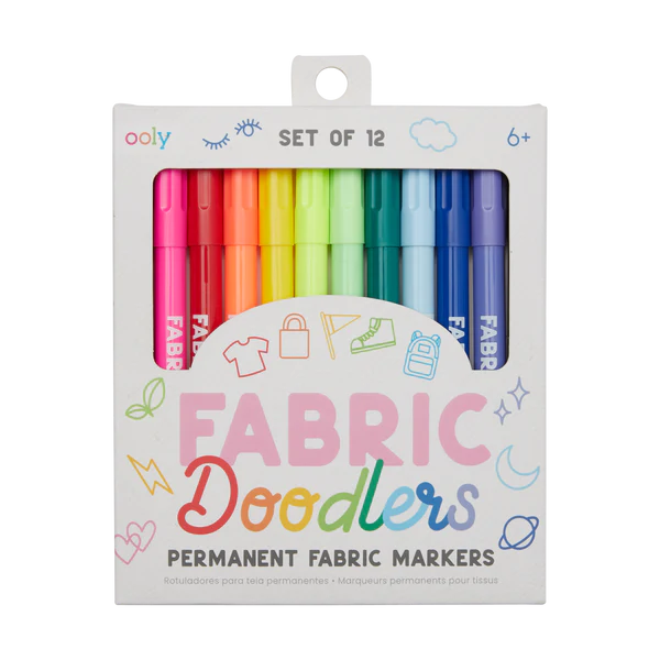 Fabric Doodlers Permanent Fabric Markers set of 12 vibrant colors for creative and permanent fabric art, ages 6 and up.
