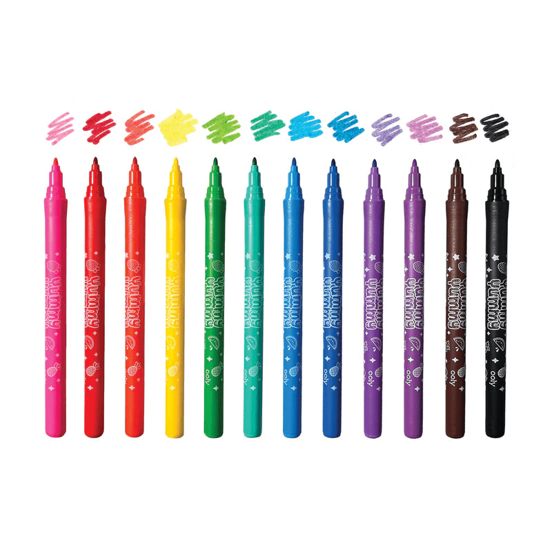 Yummy Yummy Scented Markers set of 12 colorful fruit scented washable markers with pointed tips.