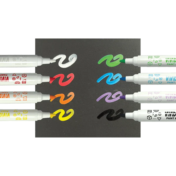 Vivid Pop! Paint Markers showing eight bright colors swirled on black paper with marker tips visible.