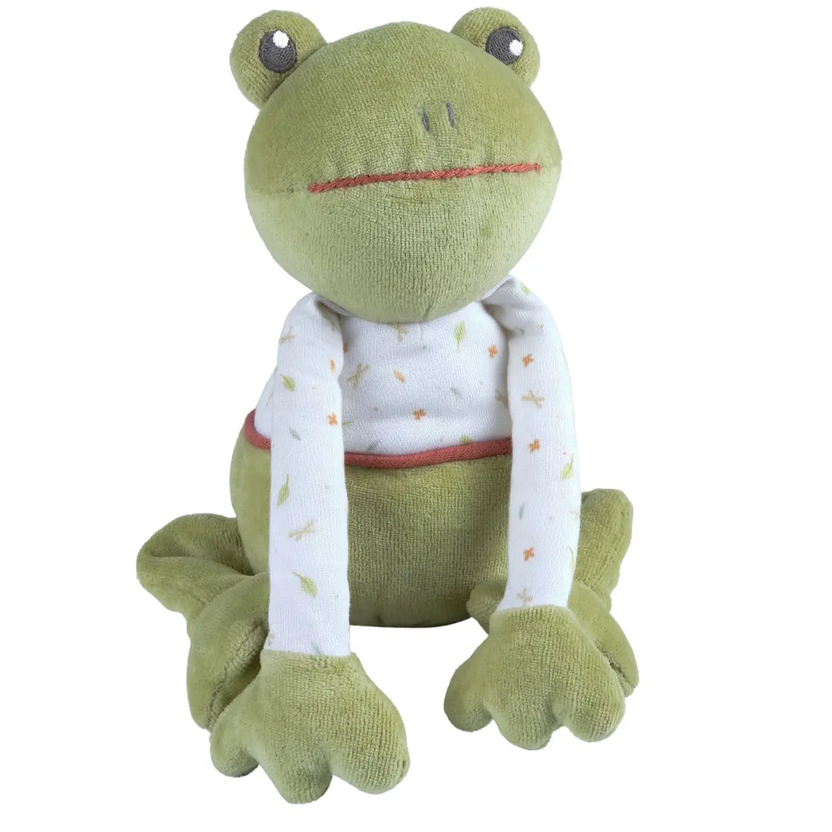 Organic Gemba the Frog plush toy dressed in a long sleeve top, made from soft, non-toxic organic fabric.