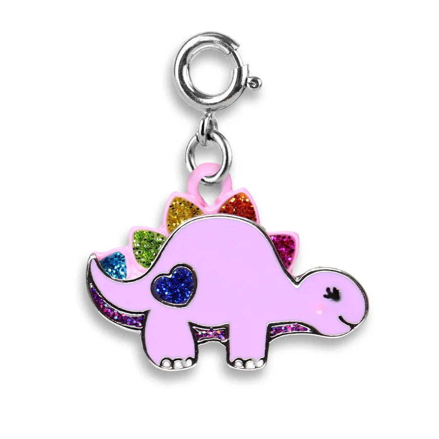 Glitter Dinosaur Charm featuring a pink enamel dinosaur with colorful glitter spikes and a heart detail, perfect for bracelets.