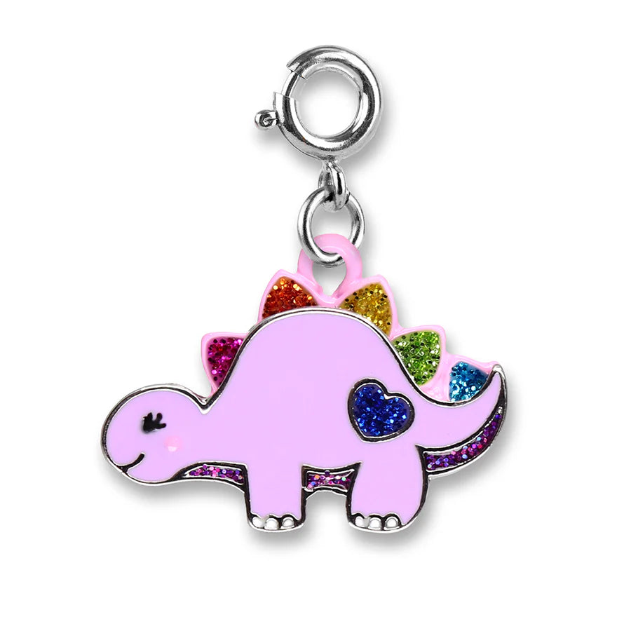 Glitter Dinosaur Charm featuring a pink enamel stegosaurus with colorful glitter accents and a silver clasp.