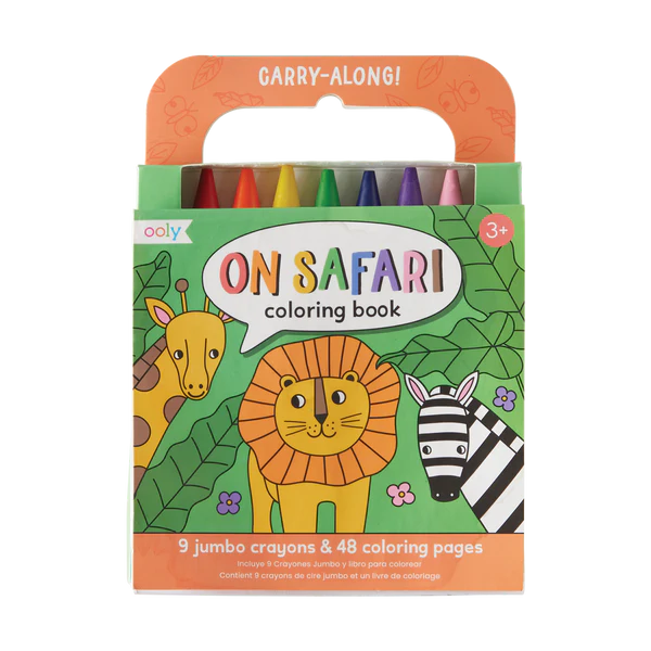 Carry Along On Safari coloring book with 9 jumbo crayons and 48 animal-themed pages in a compact carrying case.