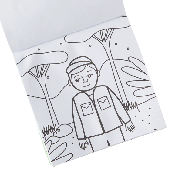 Carry Along On Safari coloring book open to a safari explorer page, perfect for kids to color on the go.
