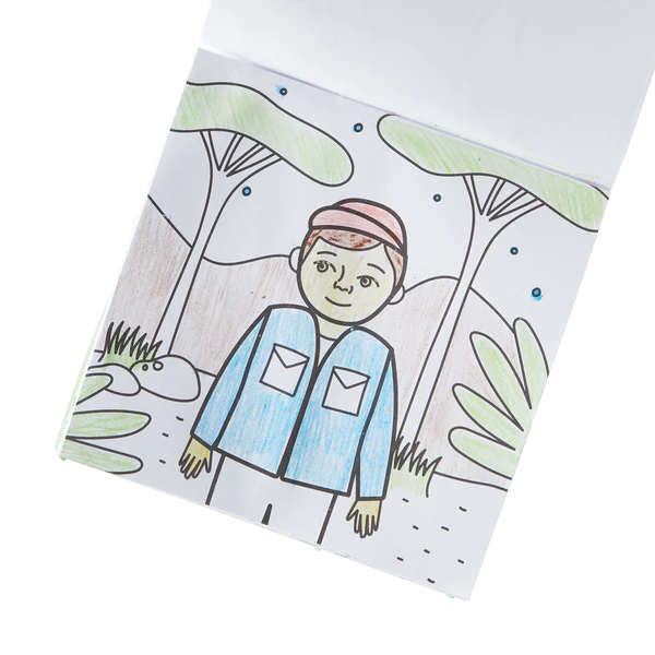 Carry Along On Safari coloring book open showing a partially colored safari explorer in nature scene.