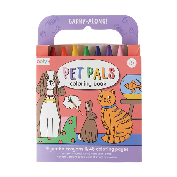 Carry Along Pet Pals coloring book with 9 jumbo crayons and 48 pet-themed pages in a portable case for kids 3 and up.