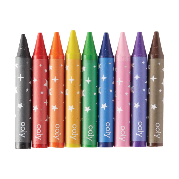 Carry Along Pet Pals jumbo crayons in nine colors with star designs, perfect for on-the-go coloring fun.