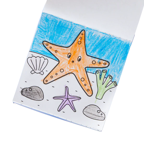 Carry Along Sea Life coloring book page featuring a colored starfish with sea shells and coral on sandy seabed.