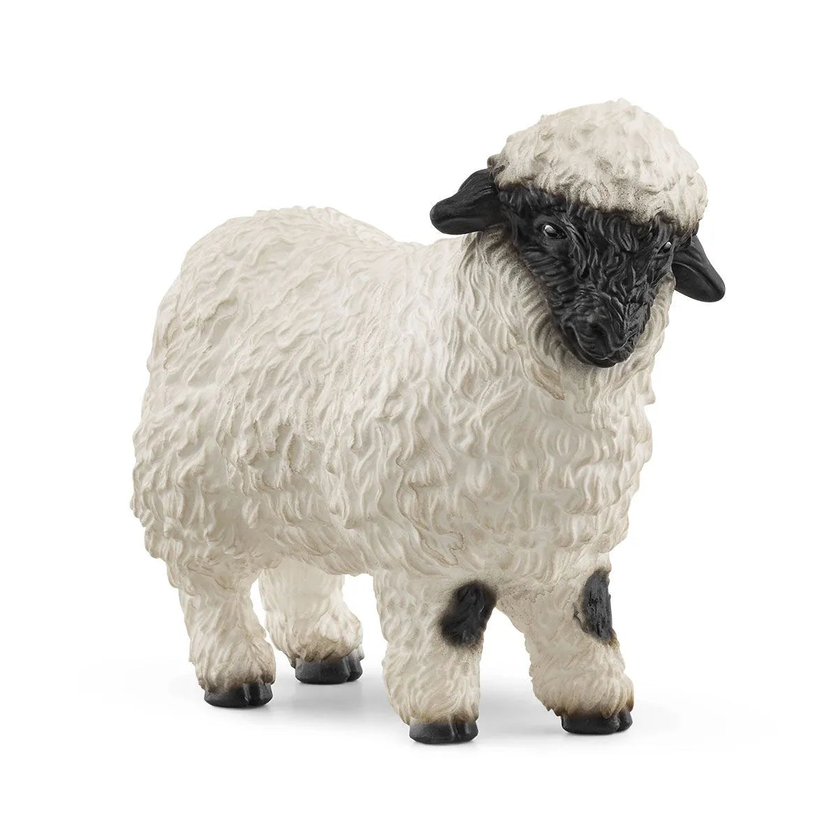 Valais Black-Nosed Sheep figurine with fluffy white wool and black face, perfect for farm playsets and collections.