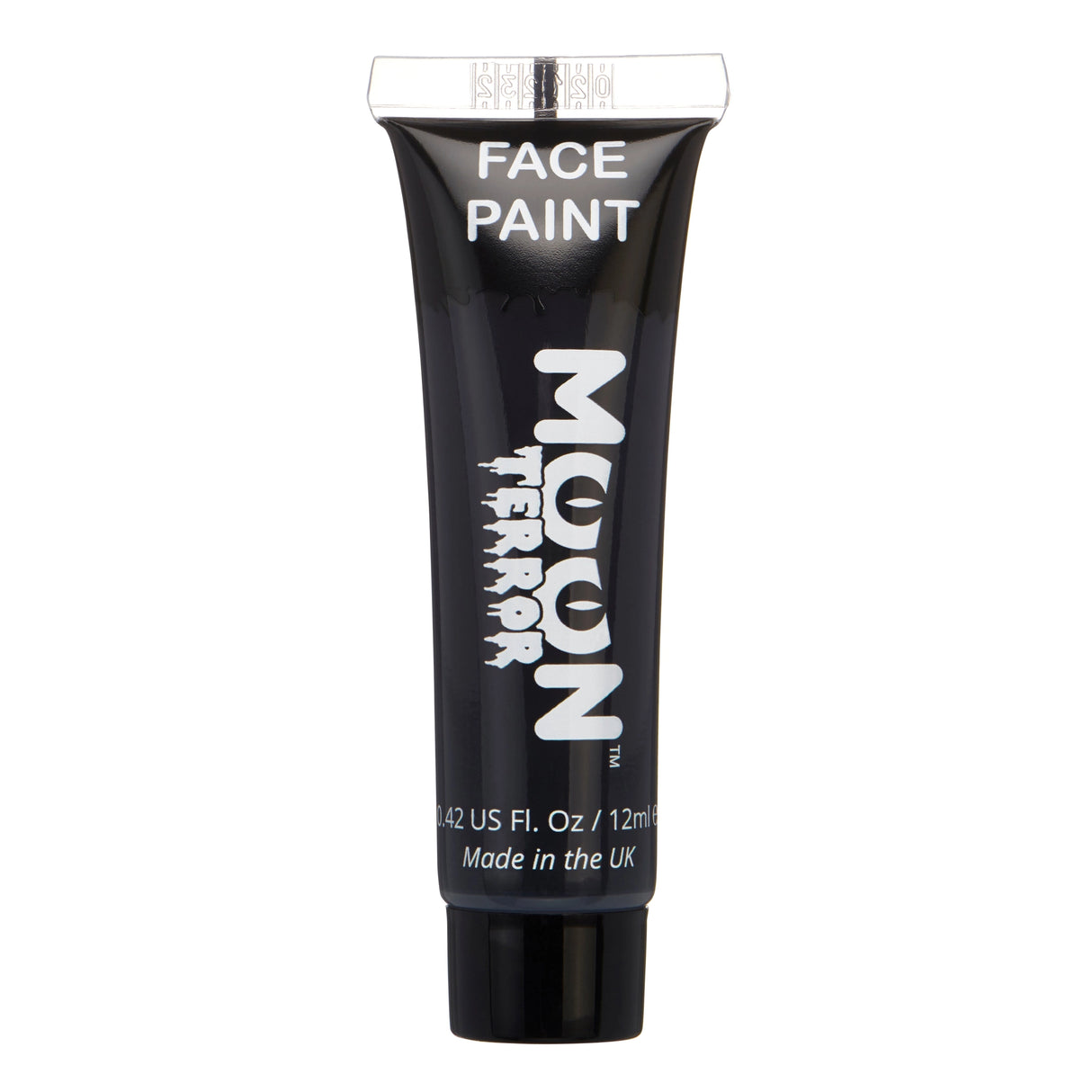 Face & Body Paints | Halloween black water-based face paint tube with spooky Moon Terror design, 12ml, vegan and made in the UK.