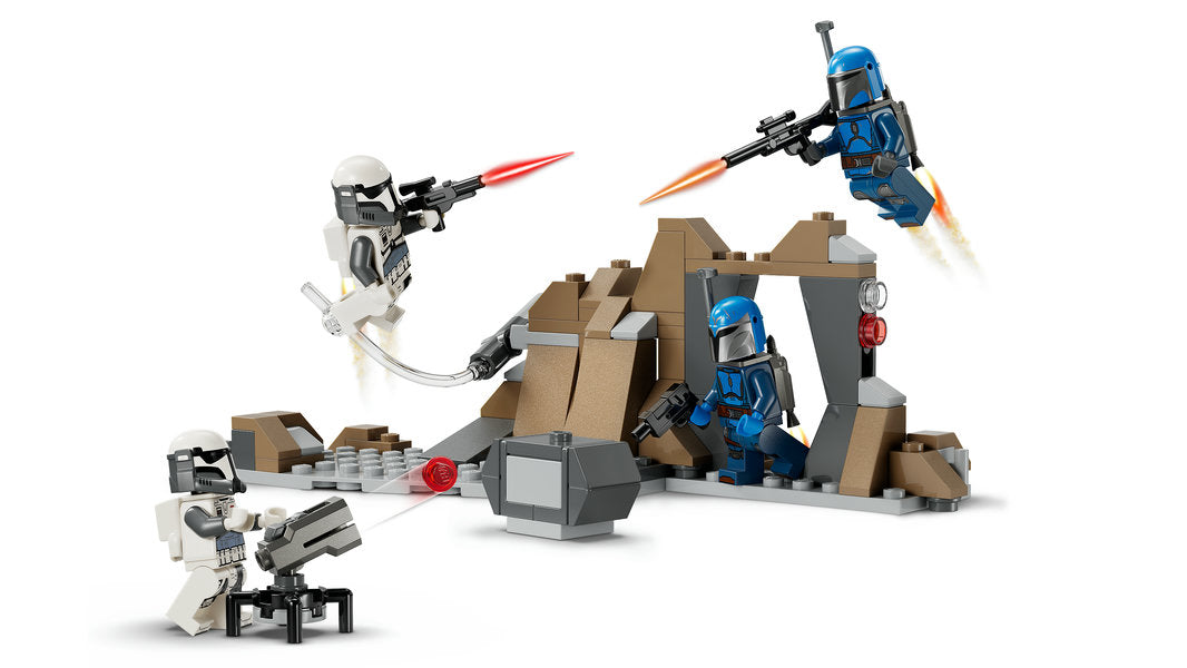 LEGO Star Wars Ambush on Mandalore Battle Pack with Mandalorian minifigures, jetpacks, blasters, and rock cave playset.