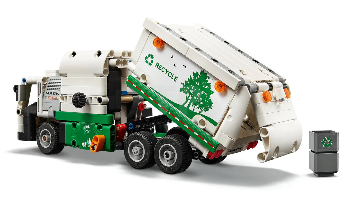 Model of an electric garbage truck toy with side loader lifting a recycling bin and detailed cab features