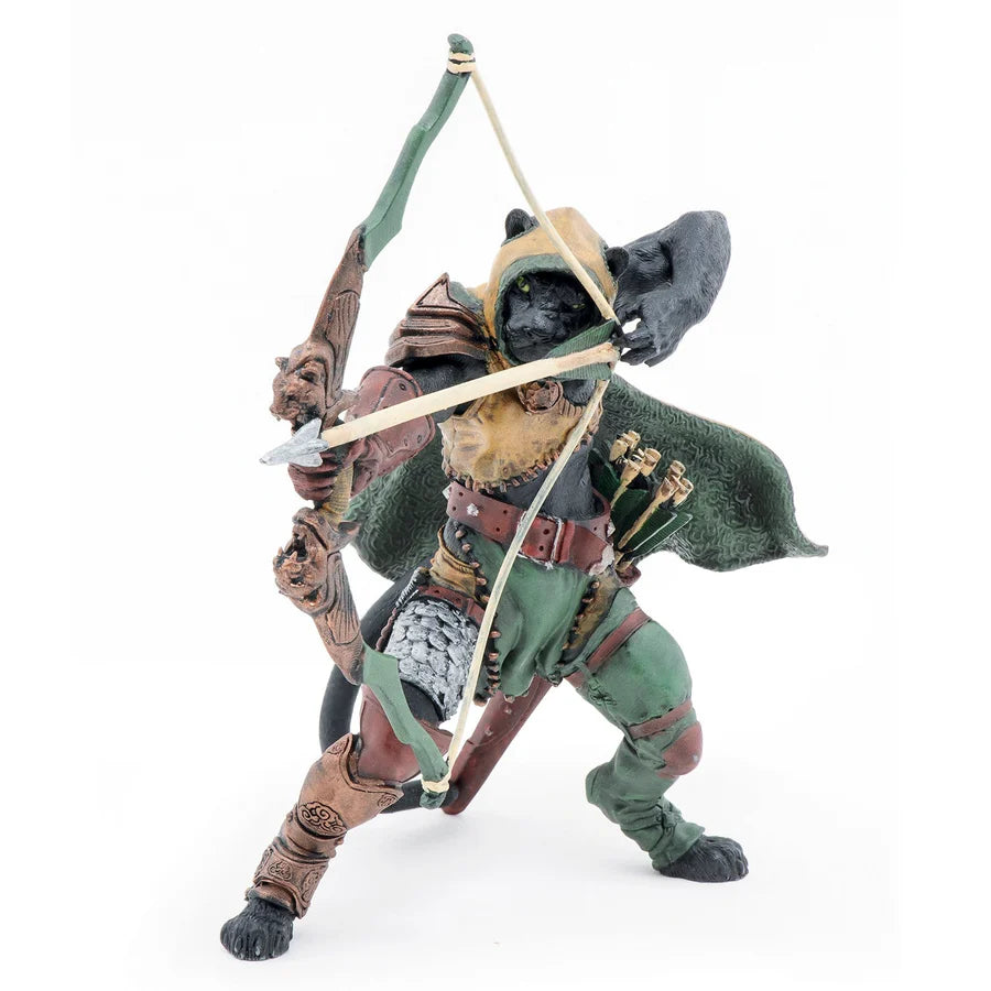 Black panther archer figurine dressed in green and brown leather armor drawing a bow ready to shoot an arrow