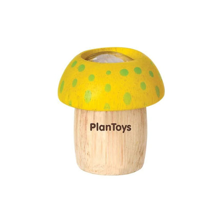Kaleidoscope Mushroom Yellow wooden toy with faceted lens creating sparkling patterns for children ages 18 months and up.