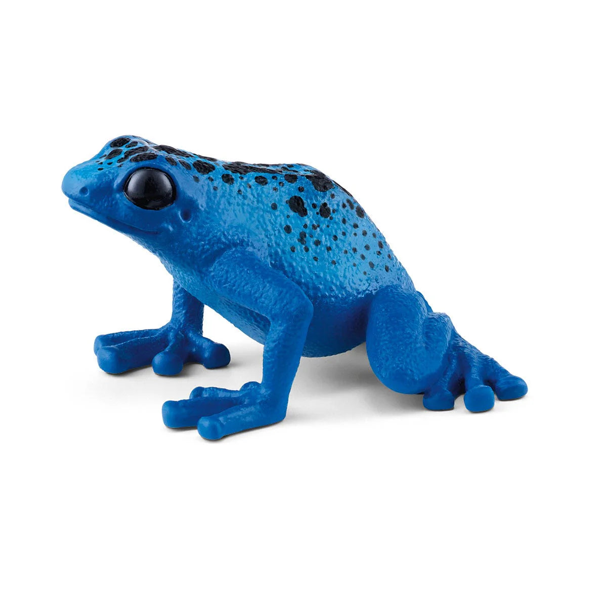 Blue Poison Dart Frog figurine in bright blue with black spots, small detailed rainforest amphibian toy.