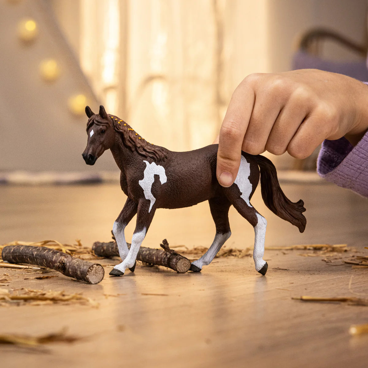 Paint Horse Mare figurine with chocolate brown coat, white legs, and white markings on flanks and forehead.