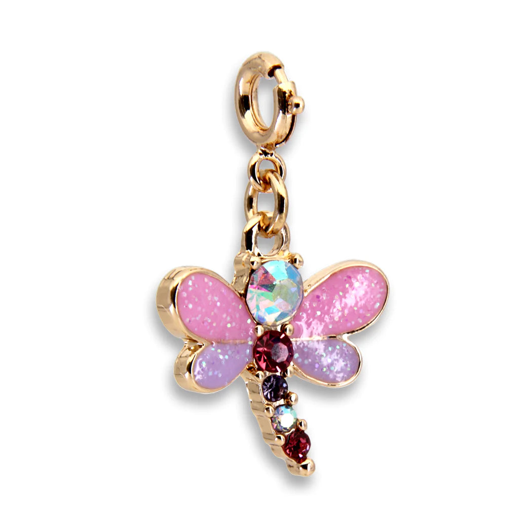 Gold Glitter Dragonfly Charm with pink and purple glitter enamel wings and multicolored gemstones on gold base metal.
