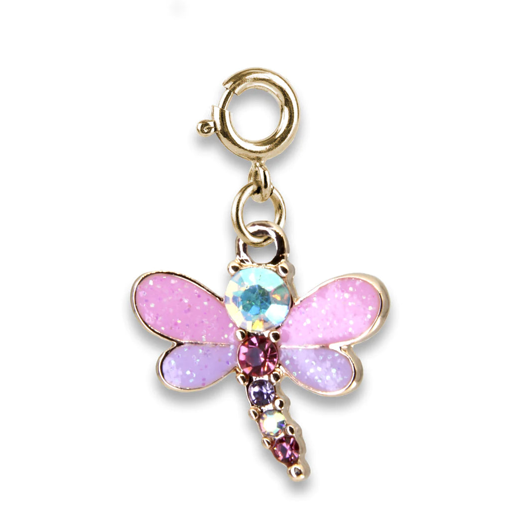 Gold Glitter Dragonfly Charm with pink and purple enamel wings and sparkling rhinestone body.