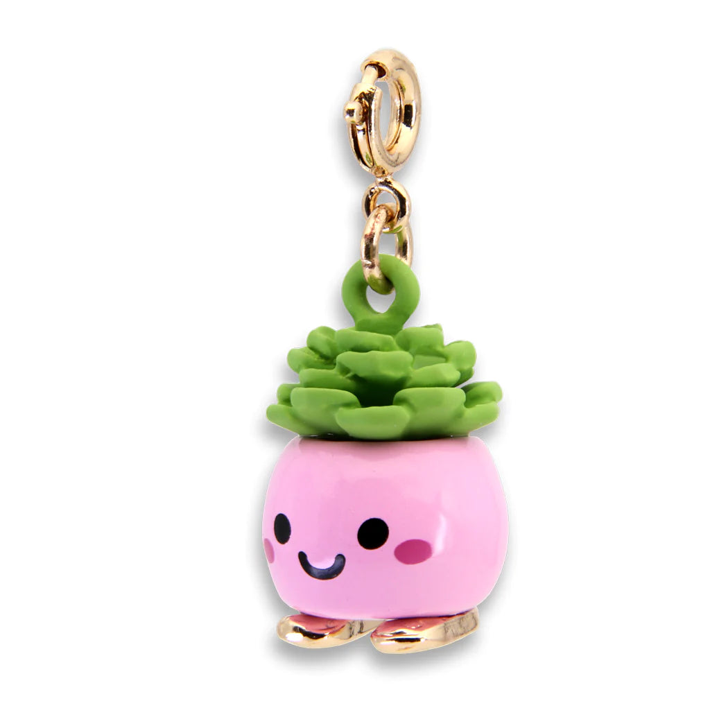 Gold Happy Succulent Charm features a smiling pink pot with green succulent and gold-tone clasp and feet.