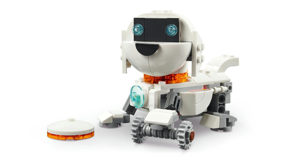 Creator Space Robot LEGO build featuring a posable space dog on moving tracks with a light brick accessory.