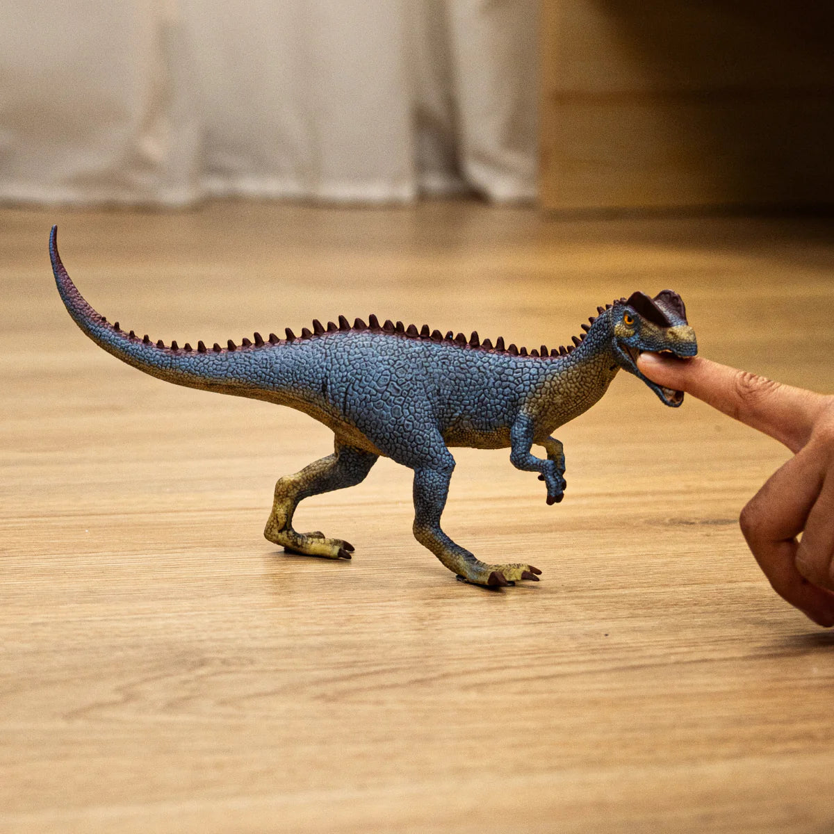 Dilophosaurus toy with blue lizard skin and distinctive red crests biting a human finger on wooden floor.