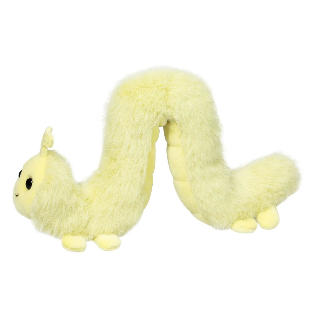 Inchworm Inchy plush toy in pale yellow green with soft fur and big expressive eyes in a playful pose.