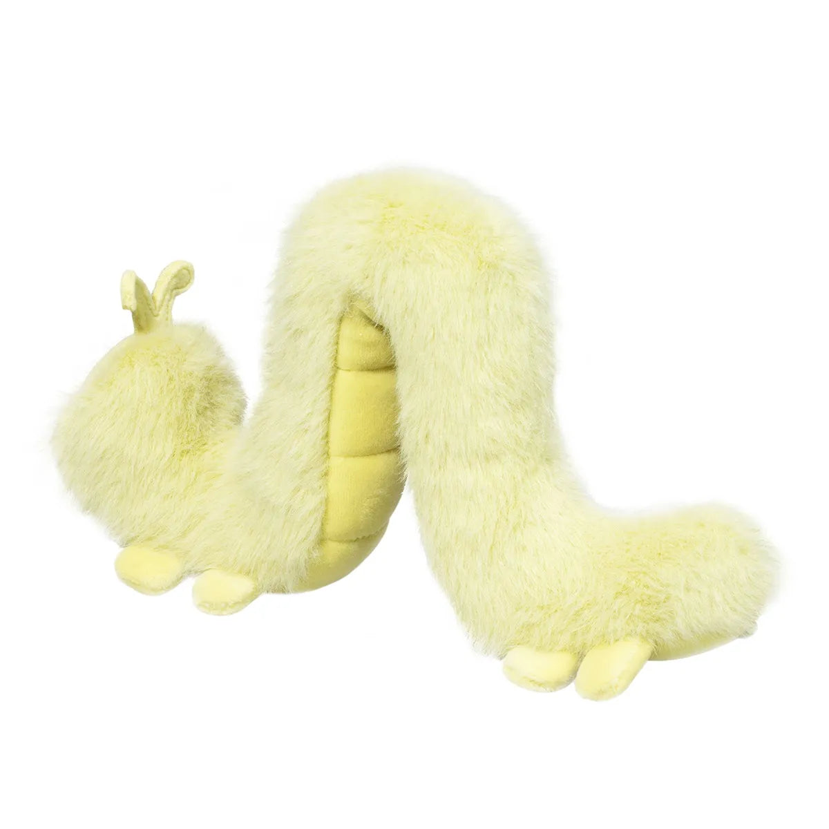 Inchworm Inchy plush toy in pale yellow green with soft fur and playful pose, perfect for cuddling and imaginative play.