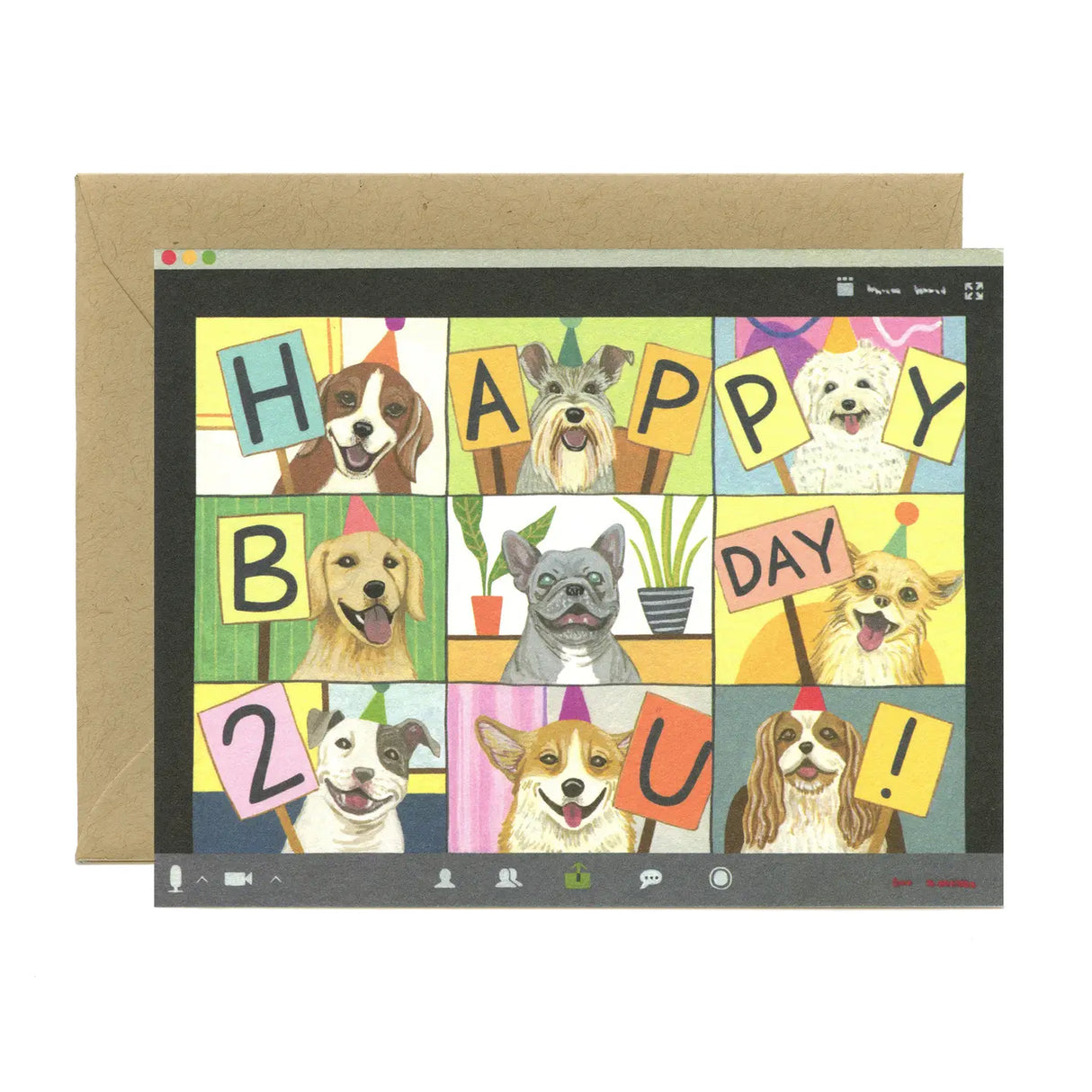 Dog Zoom Party Birthday Card featuring illustrated dogs in a video call layout on FSC-certified recycled paper.