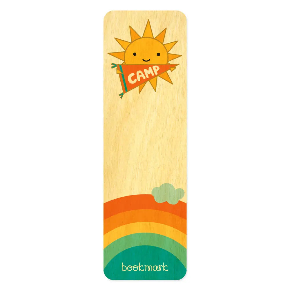 Sunny Camp Wood Bookmark featuring a cheerful sun and colorful stripes, hand-crafted from birch wood, 2" x 6.5".
