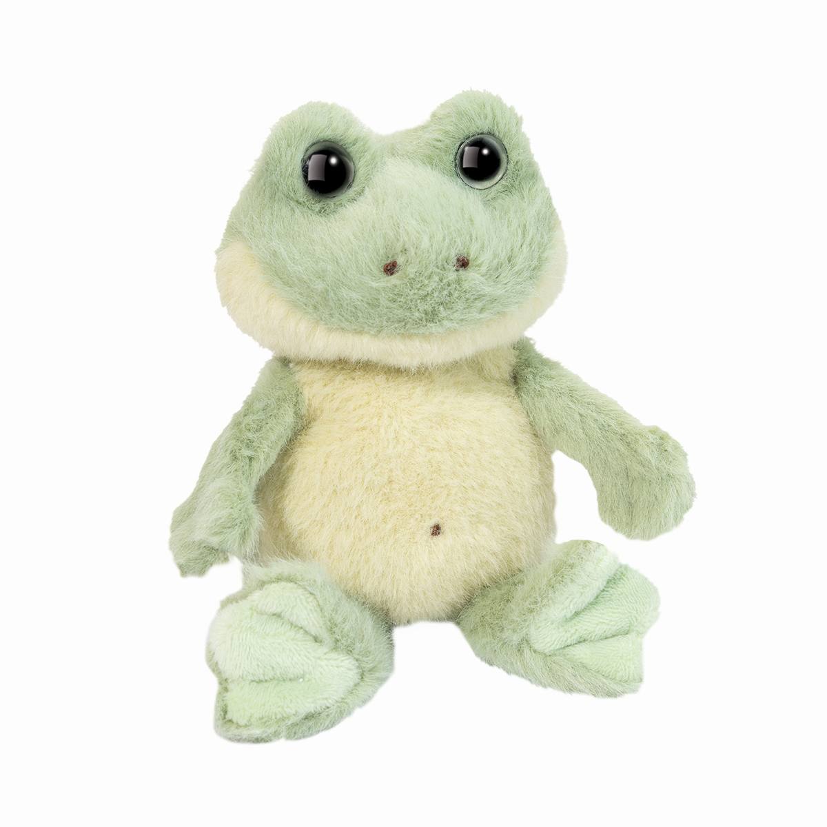 Plush frog toy with soft green and cream fur, round black eyes, and a smiling face on white background