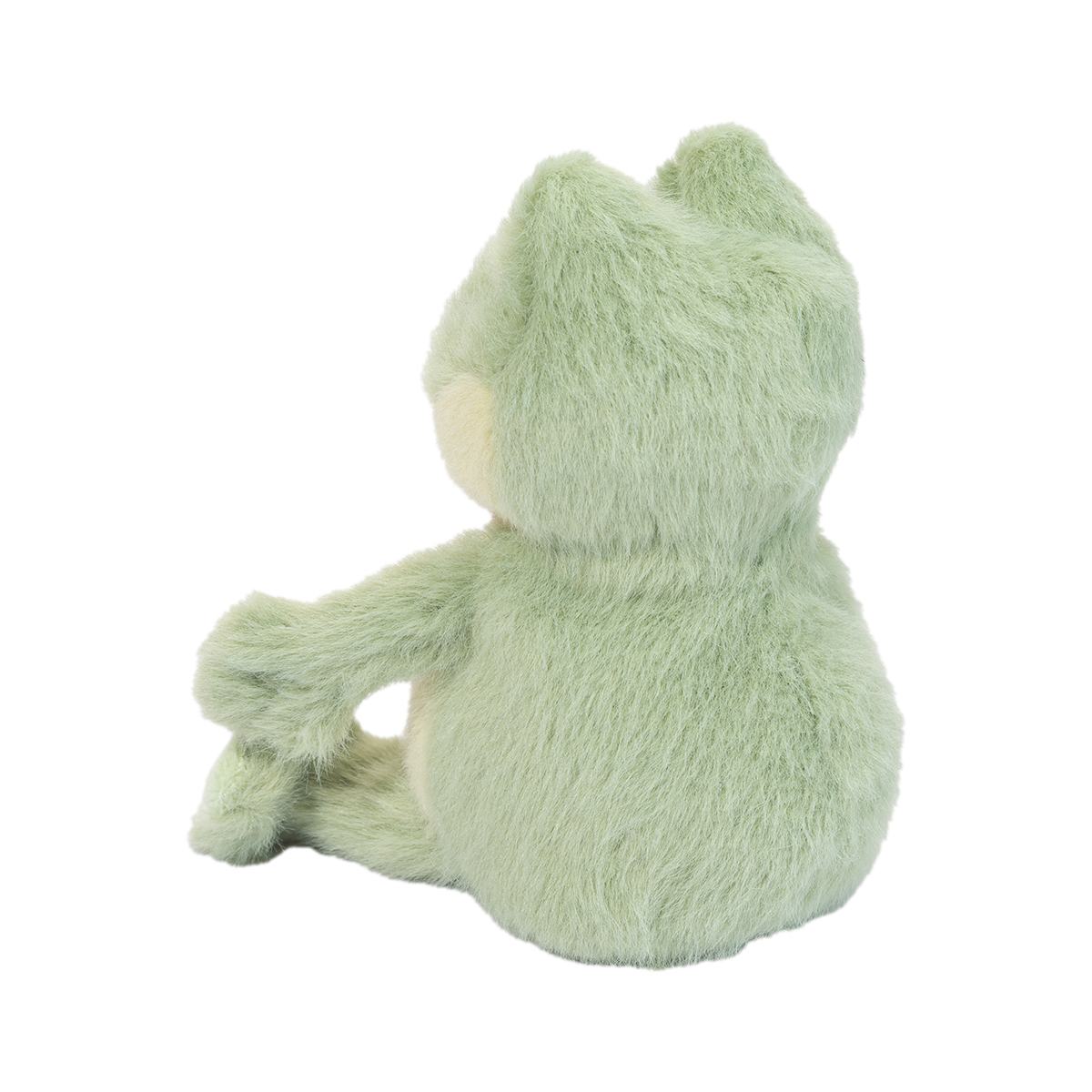 Soft light green plush toy with rounded body and folded arms shown from back on white background