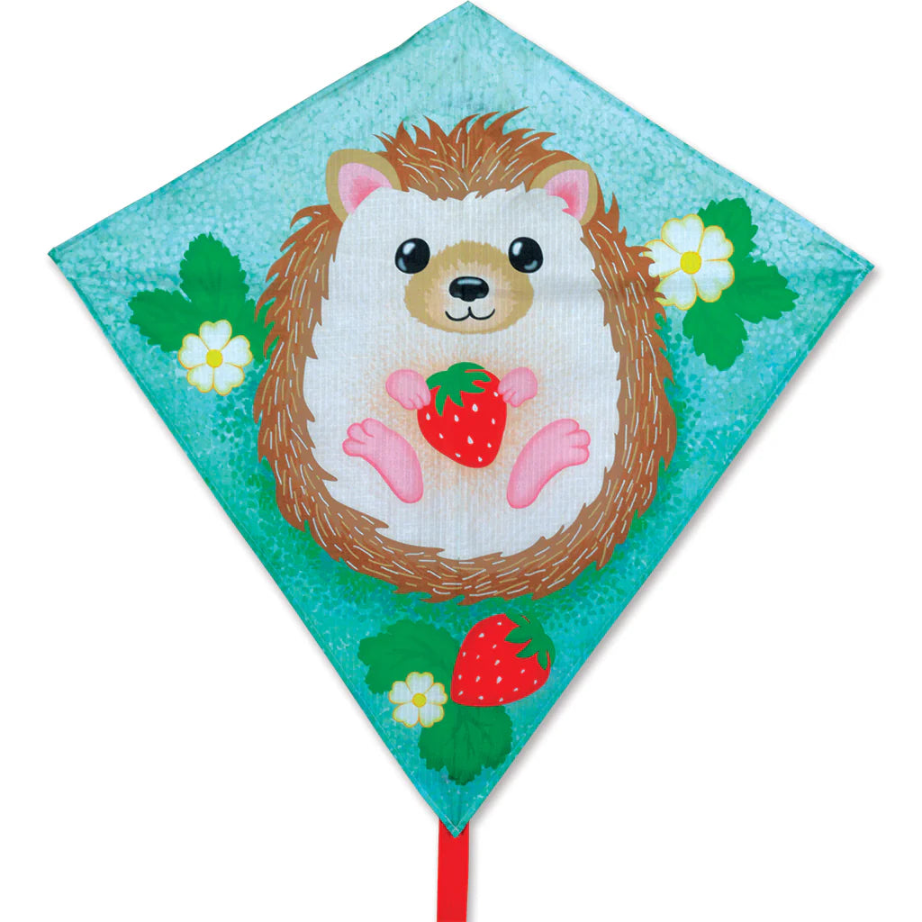 30" Diamond Kite | Hedgehog with cute hedgehog holding strawberry on a blue diamond-shaped taffeta nylon fabric kite.