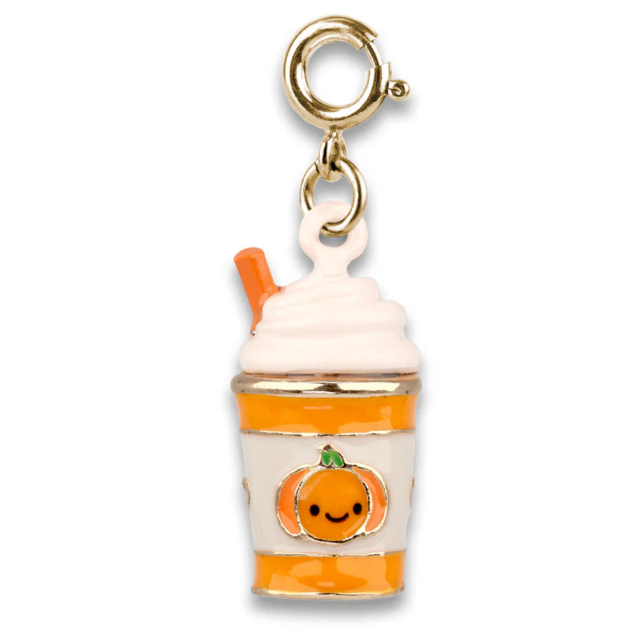 Gold Pumpkin Spice Latte Charm featuring 3D enamel design with smiling pumpkin, perfect for pumpkin spice lovers.