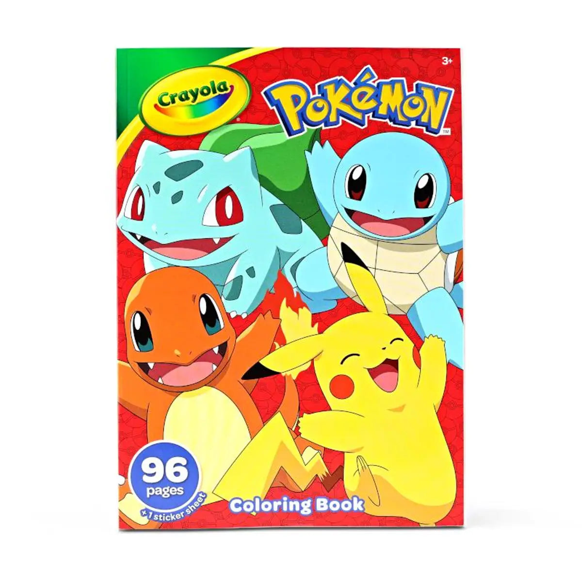 Crayola Pokemon Coloring Book featuring Pikachu, Charmander, Squirtle, and Bulbasaur with 96 pages and sticker sheet.