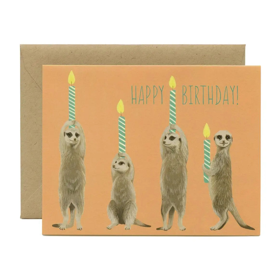 Meerkat Candles Birthday Card featuring four meerkats holding birthday candles on recycled paper with matching envelope.
