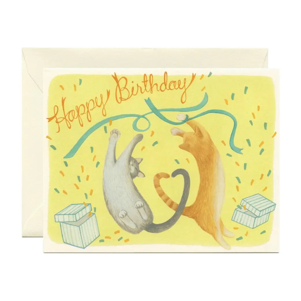 Happy Cats Streamers Birthday Card with two playful cats and gift boxes on recycled paper with matching envelope.