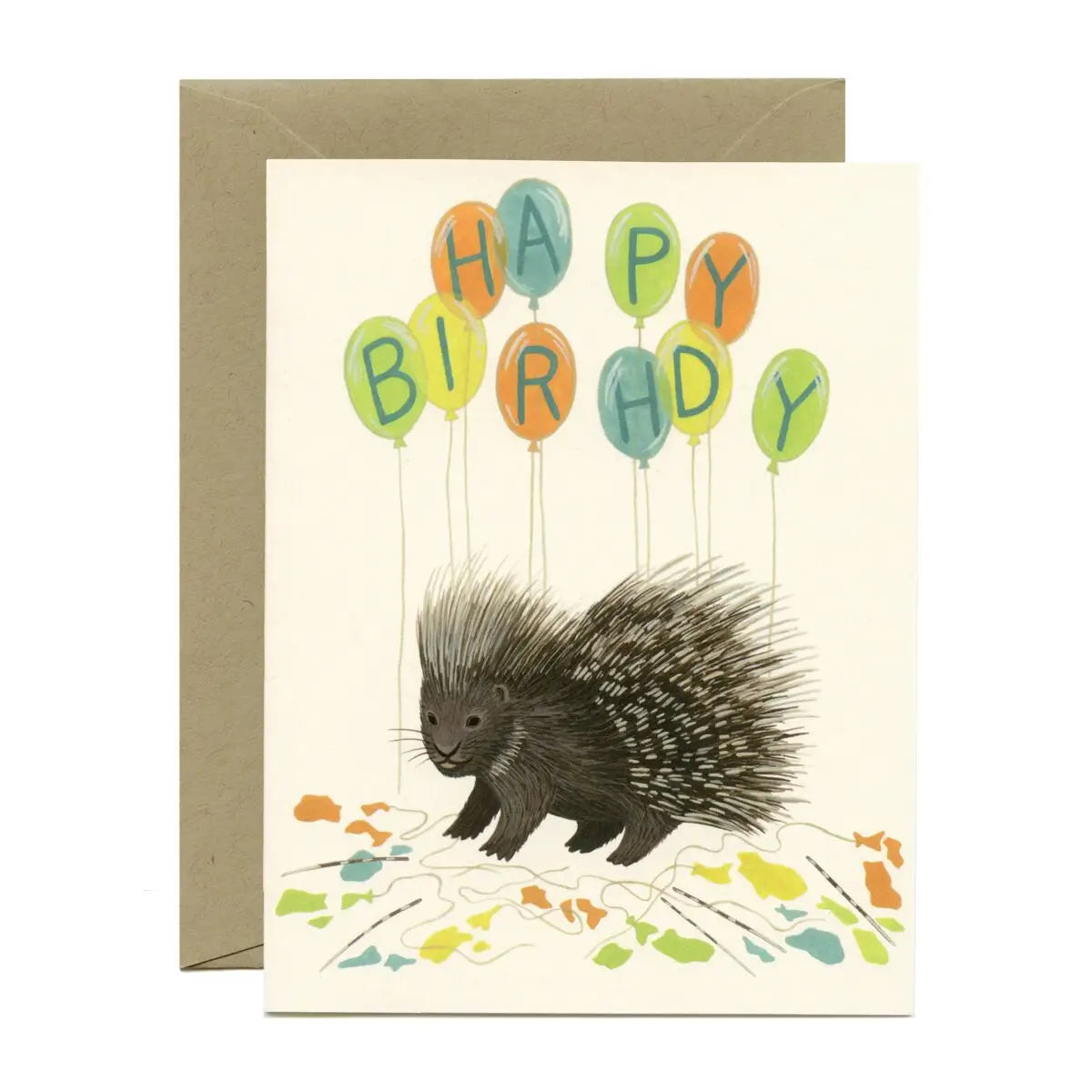 Porcupine Balloons Birthday Card with colorful balloons spelling Happy Birthday on recycled paper with matching envelope.
