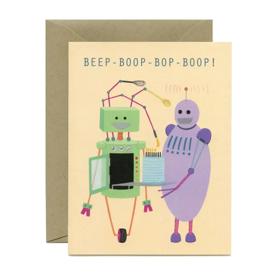 Robot Cake Birthday Card featuring two friendly robots holding a birthday cake and a recycled matching envelope.