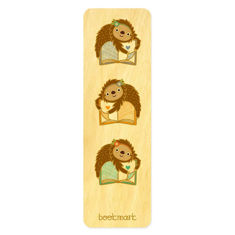 Story Sloths Wood Bookmark featuring three cute sloths holding books on a natural birch wood background.