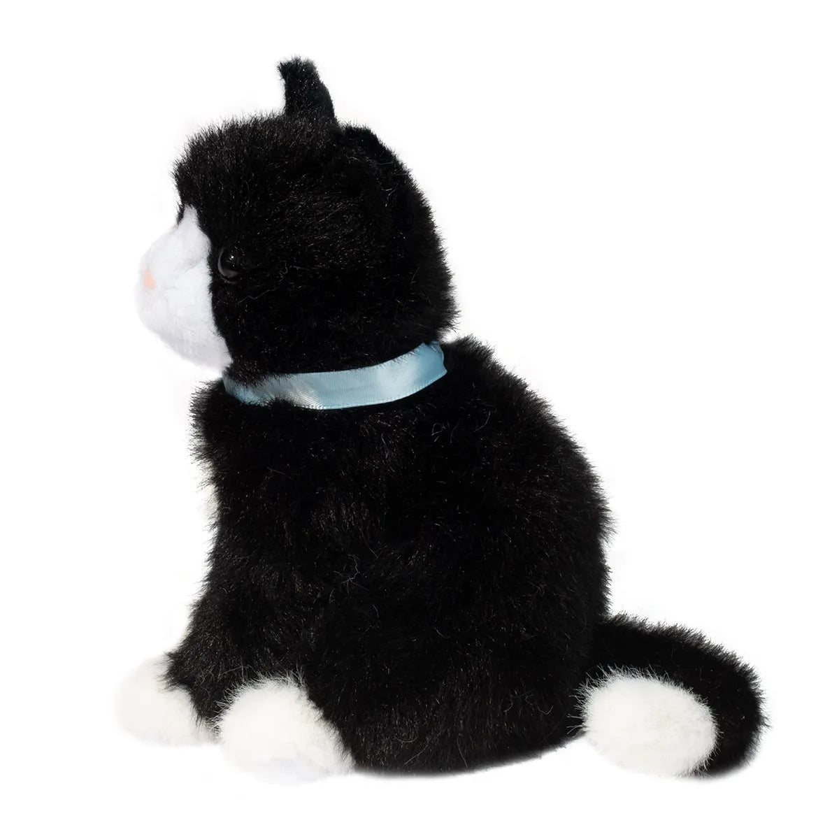 Mini black & white cat stuffed animal with silky plush, blue satin collar, and white markings, Black & White Cat Mini.