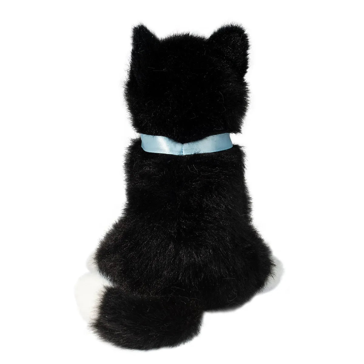 Black & White Cat Mini plush stuffed animal showing back with black fur, white paws, and blue satin collar.