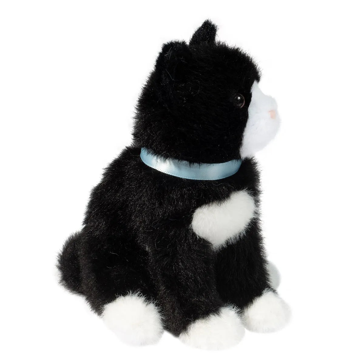 Black & White Cat Mini stuffed animal with soft black and white plush, blue collar, and sweet brown eyes, 6 inches tall.