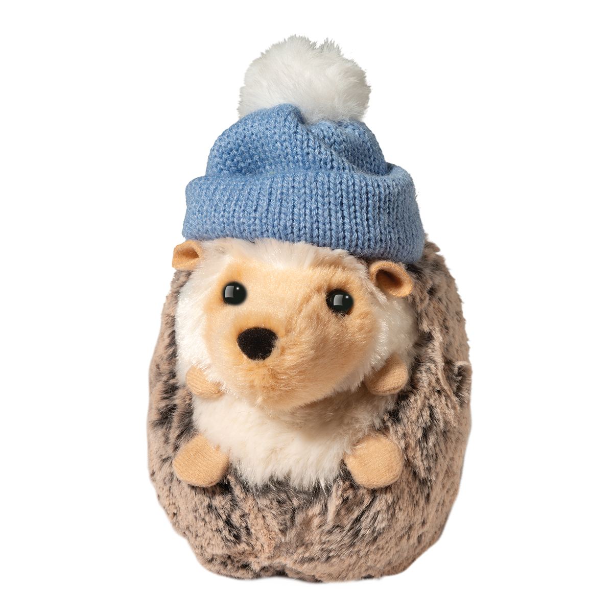 Plush hedgehog toy wearing a cozy blue knit winter hat with a white pompom on top, soft and cuddly design.