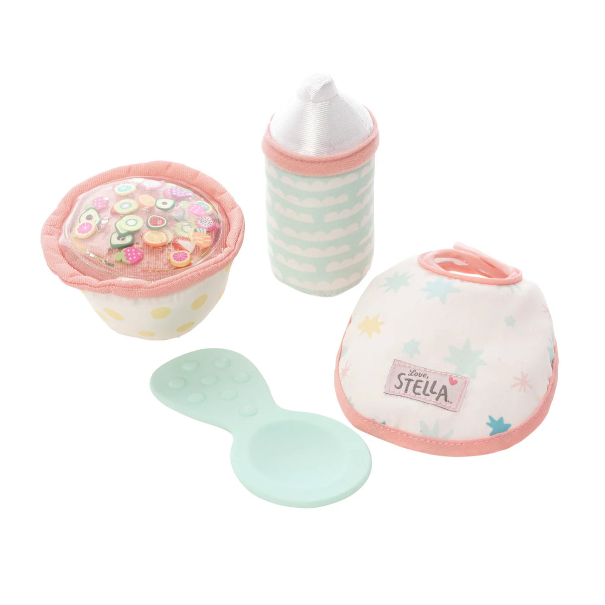 Soft fabric toy feeding set with patterned bib, bottle, bowl with pretend food, and pastel green spoon