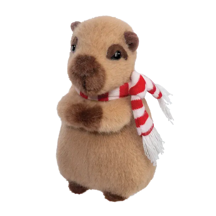 Holiday Capybara plush toy wearing a red and white striped scarf
