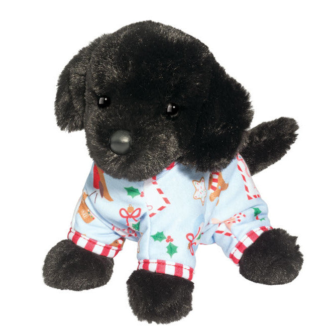 Black Lab in PJs plush dog wearing festive pajamas