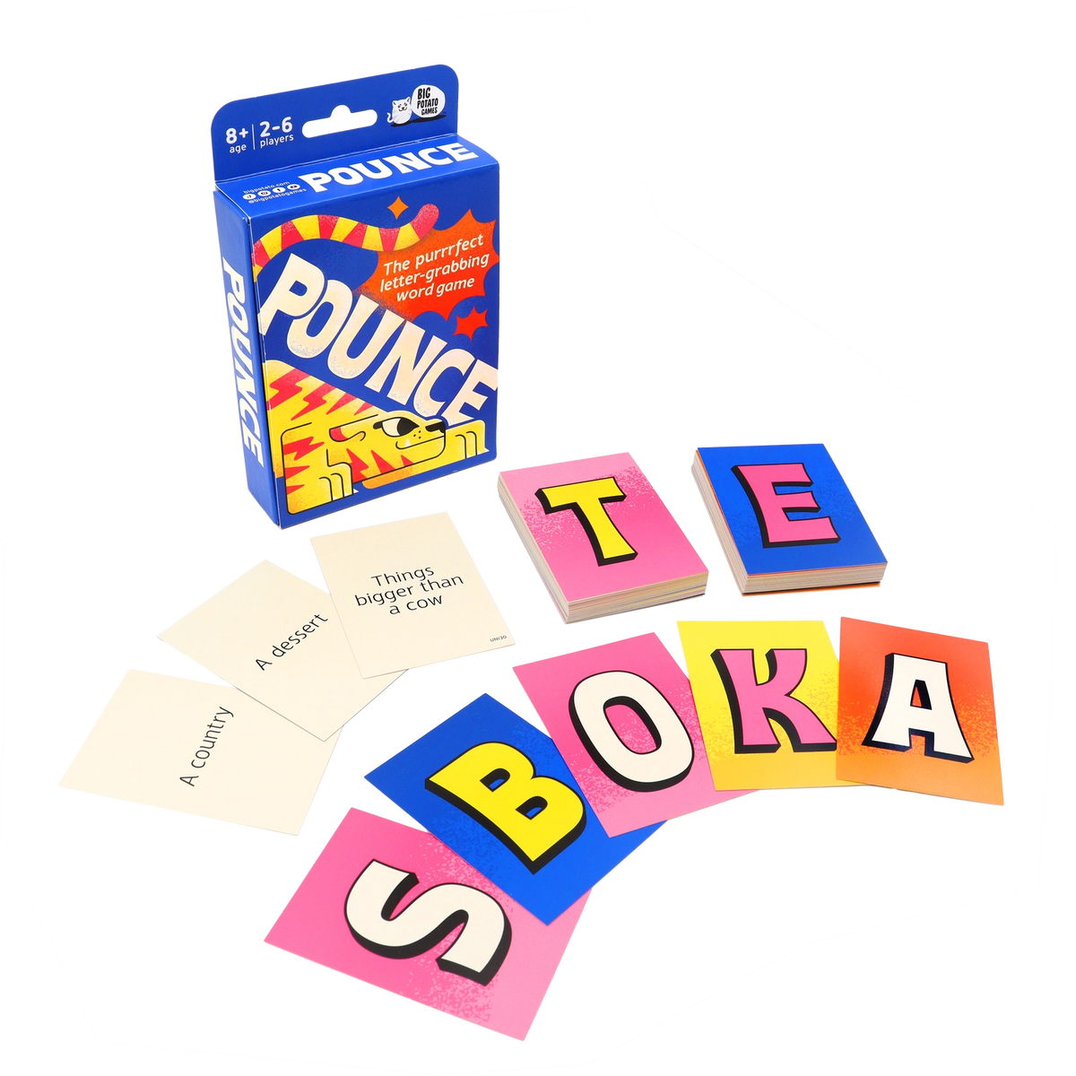 Pounce word game box with colorful letter cards and clue cards
