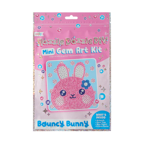 Razzle Dazzle Bouncy Bunny mini gem art kit with pink bunny artwork, gem tray, wax pencil, and six gem packs.