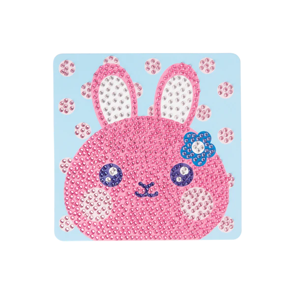 Razzle Dazzle Bouncy Bunny featuring a pink bunny artwork decorated with shiny gems and a blue flower accessory.